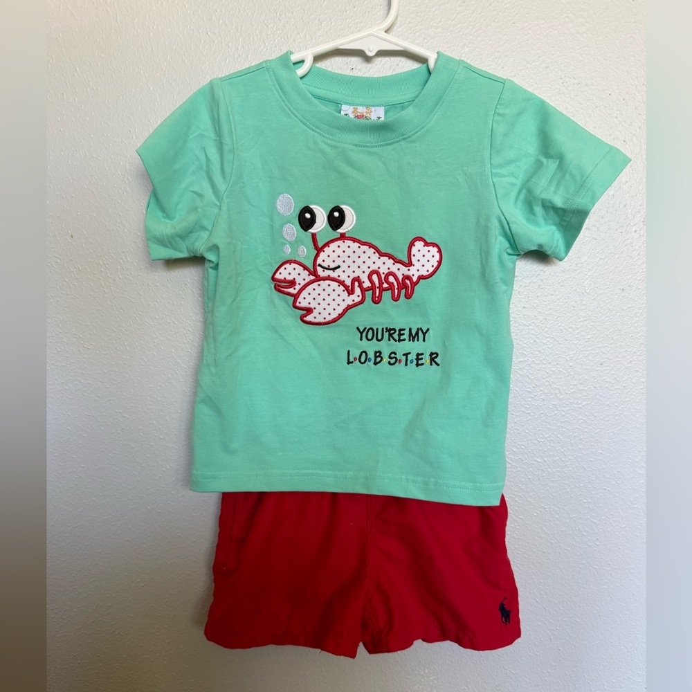Mint Green Kids Tee with Red Lobster Graphic with Ralph Lauren Trunks